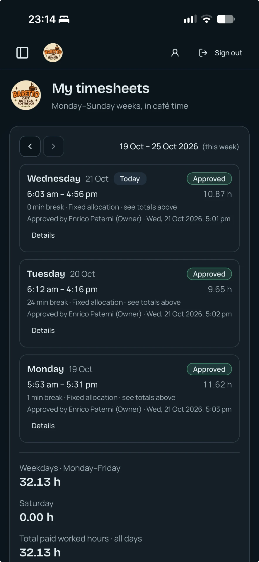 Pilot Central app on a phone showing My timesheets with approved shifts for Monday, Tuesday and Wednesday and the week's total hours