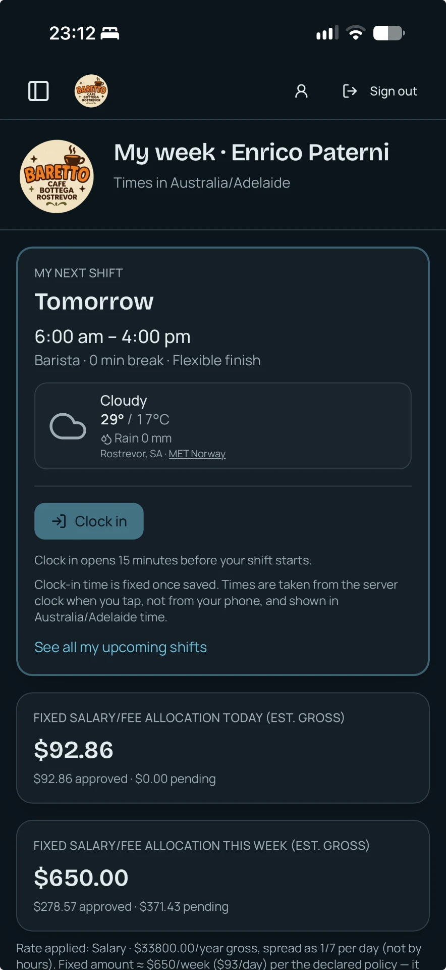 Pilot Central app on a phone showing My week: tomorrow's shift 6:00 am to 4:00 pm as barista, the weather at the café and a Clock in button